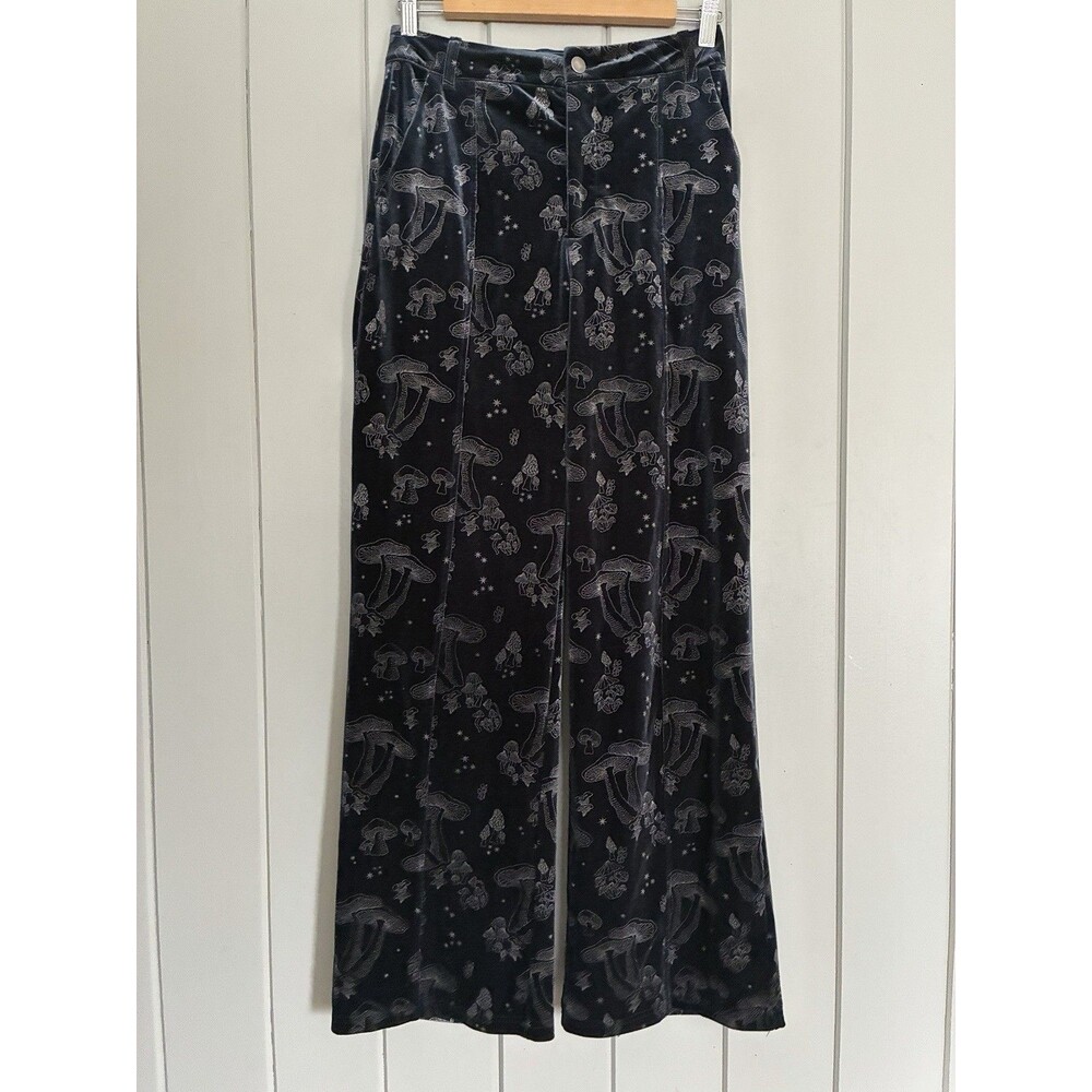 Disturbia Foil Print Velour Wide Leg Pants 4 Blue Mushroom Print Stretch Velvet